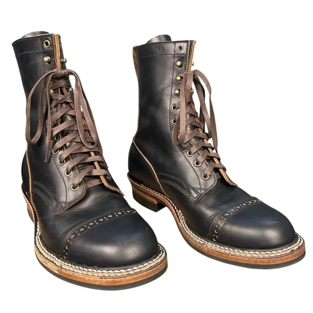 Crush on Retro Men’s Black Leather Cap Toe Sevice Boot Size 44 US 11